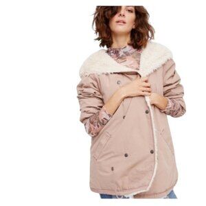 Free People Dusty Pink Oversized Boho Cozy Sherpa Coat Hooded Romantic Size M